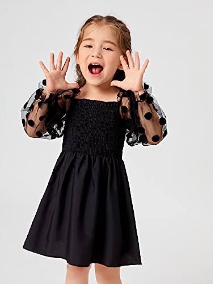 WDIRARA Toddler Girl's Polka Dots Mesh Flounce Long Sleeve Flared Shirred Dress