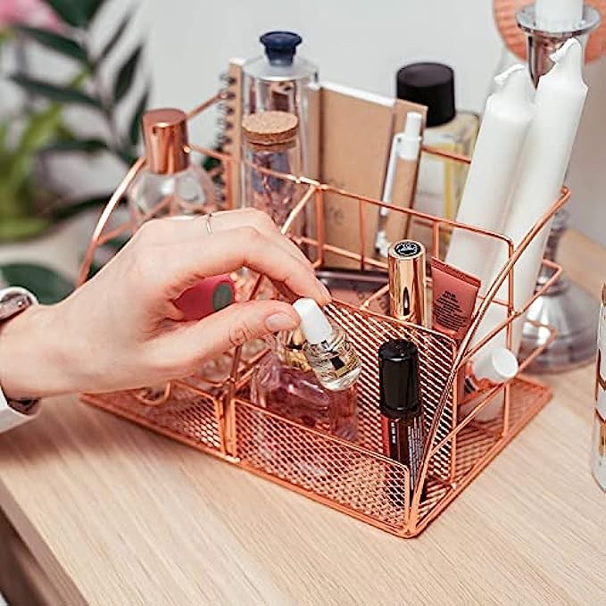 Rose Gold Desk Accessories for Women Office Decor, All in 1 Organizer 6C, File, Pen, Stationery, Rose Gold Office Supplies and Accessories, Cute Rose Gold Desk Organizer,Gold office supplies for women