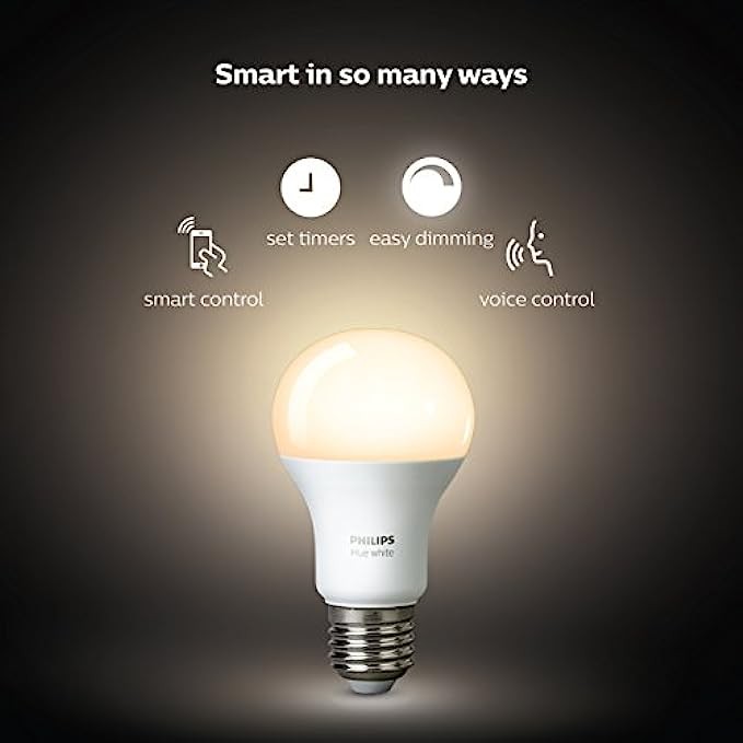 Philips Hue White A19 60W Equivalent LED Smart Bulb Starter Kit (4 A19 White Bulbs and 1 Hub Compatible with Amazon Alexa Apple HomeKit and Google Assistant)