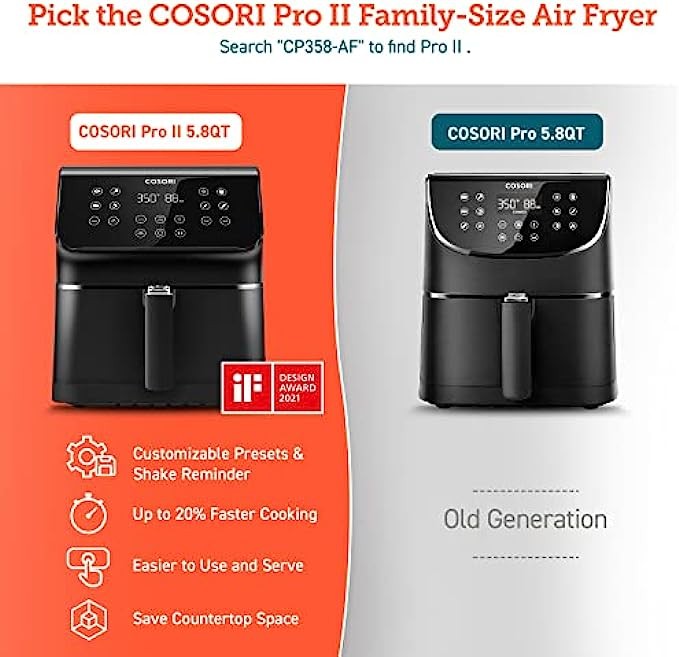 COSORI Pro Air Fryer Oven Combo, 5.8QT Max Xl Large Cooker with 300+ Recipes, One-Touch Screen with 11 Presets and Shake Reminder, Nonstick and Dishwasher-Safe Detachable Square Basket, Black